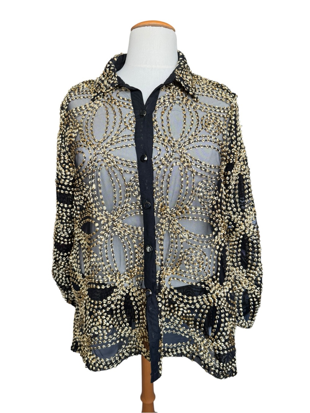 Berek 1XL Black Gold Embroidered Mesh Jacket Statement Artsy Evening Top